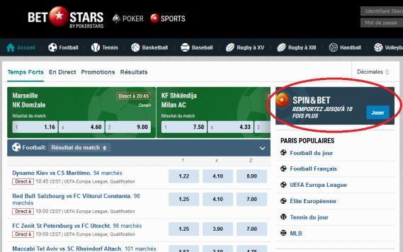 Spin and Bet pour paris sportifs sur BetStars