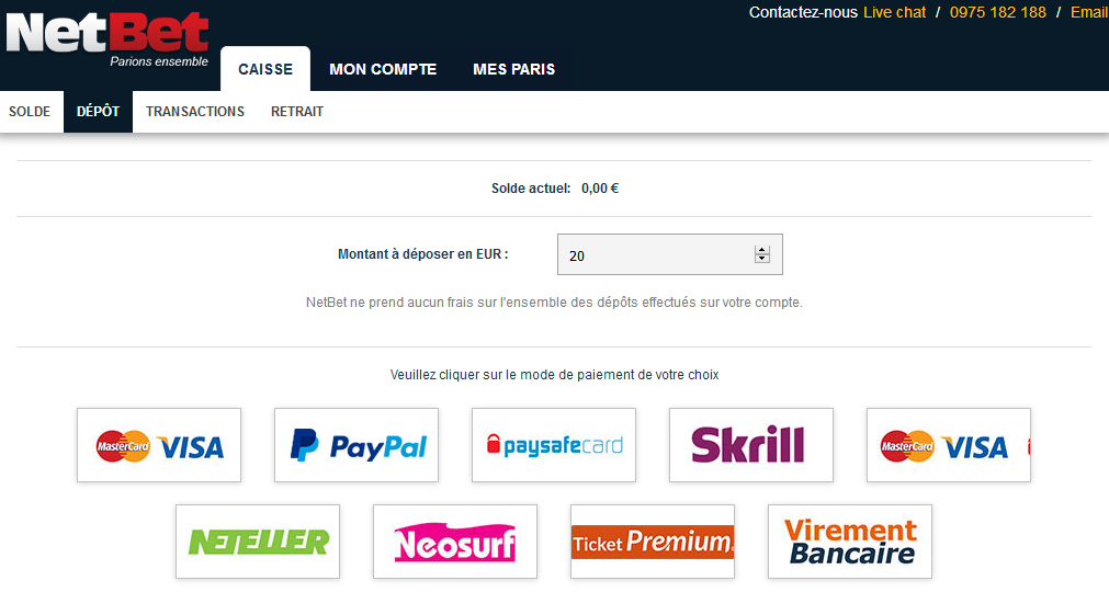 dépôt retrait Netbet : montants minimums et conditions